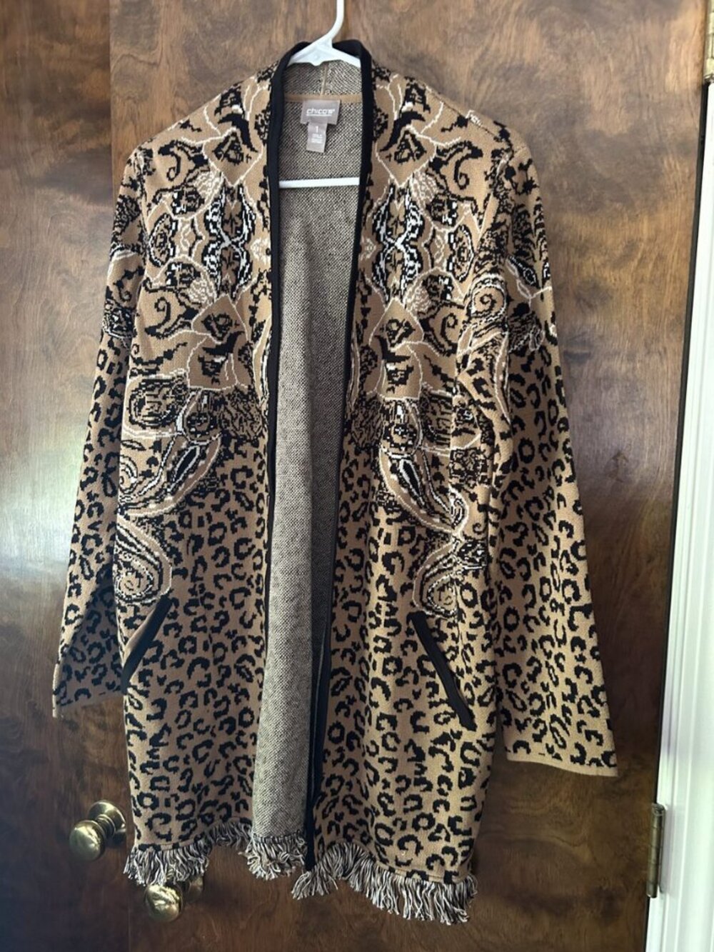 Chico's Leopard & Paisley Print Fringe Hem Cardigan Size 1